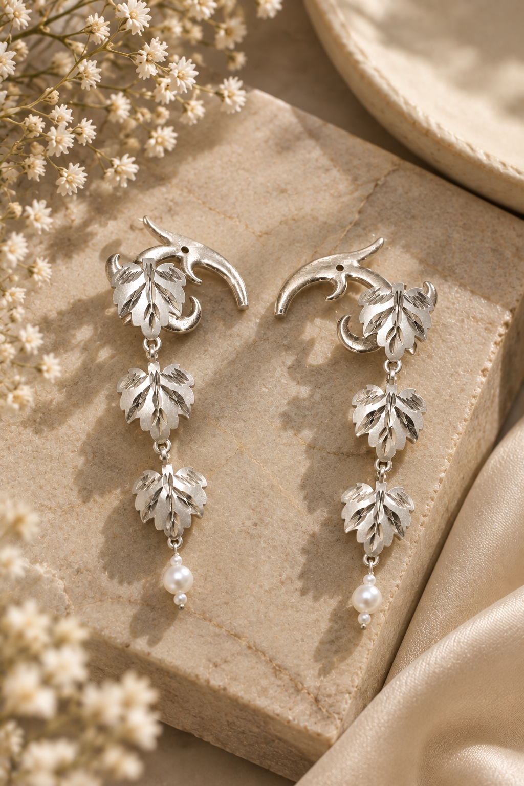 Triple Leaf Pearl Dangers (925 Sterling Silver)