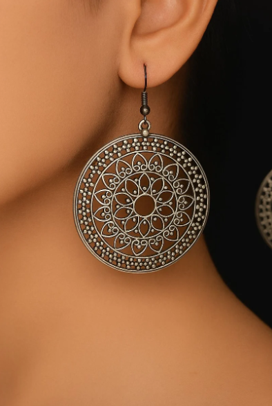 Mandala-Inspired Oxidized Silver Earrings