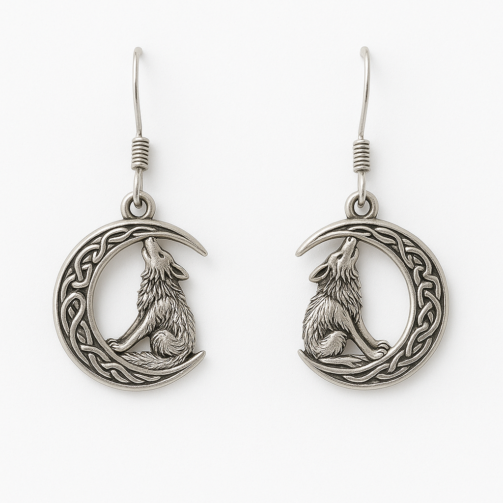 Mystical Wolf and Crescent Moon Dangle Earrings