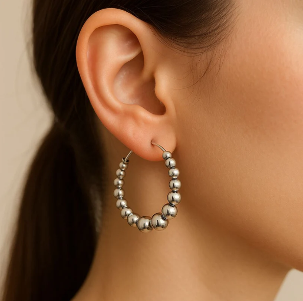Silver Beaded Hoop Earrings