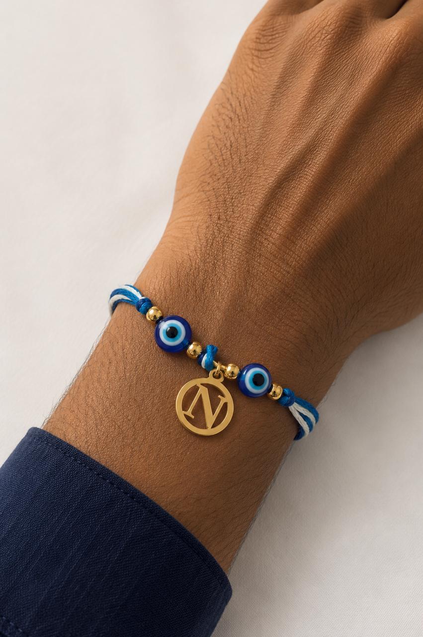 Personalized Initial Evil Eye Rakhi - Silver And Gold Plated