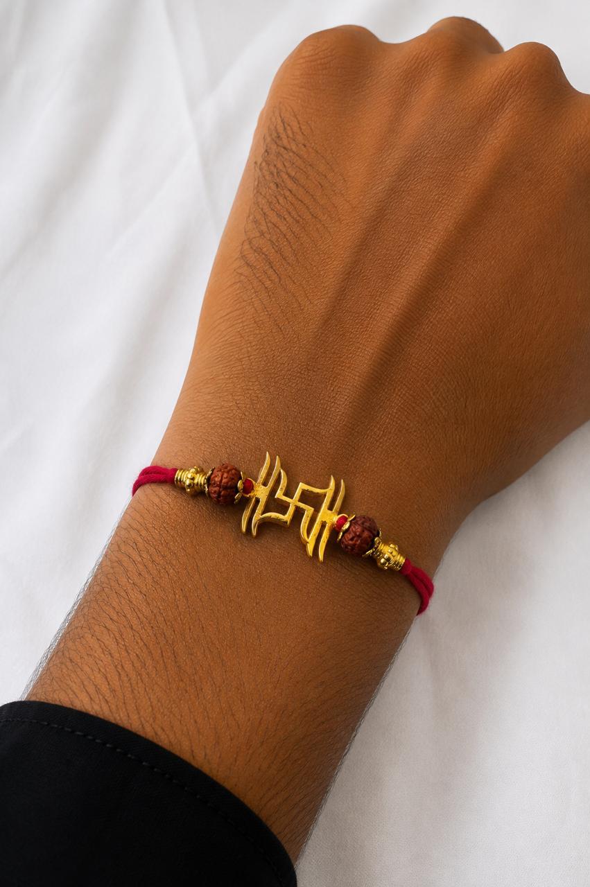 Sacred Swastik Rakhi With Rudraksha - Silver And Gold Plated
