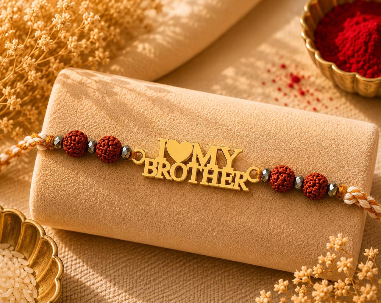 I Love My Brother Rudraksha Rakhi - Silver And Gold Plated