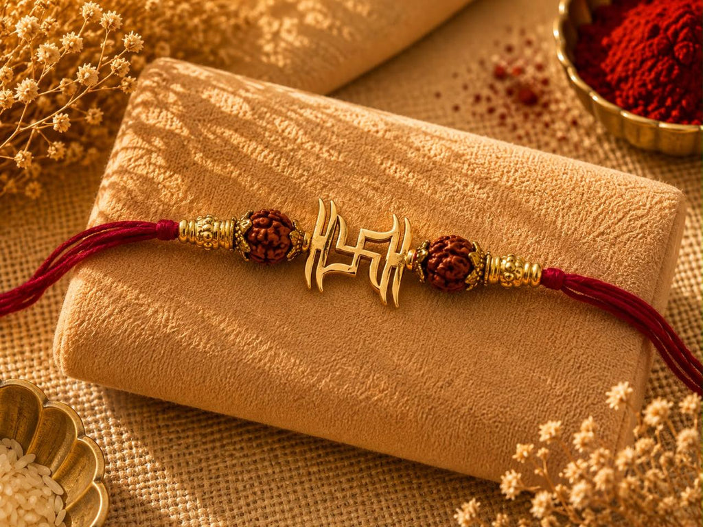 Sacred Swastik Rakhi With Rudraksha - Silver And Gold Plated