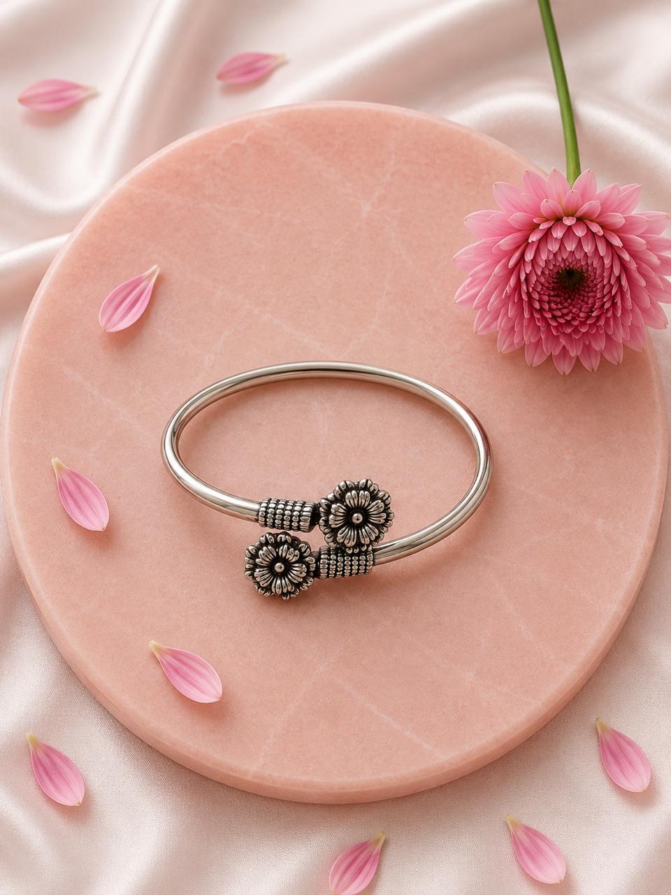 Dual Bloom Heritage Cuff– 925 Sterling Silver Elegance