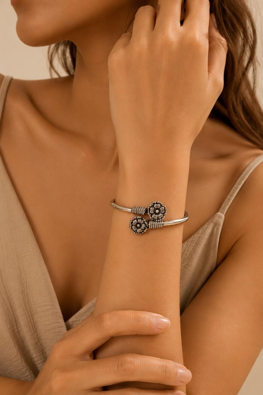 Dual Bloom Heritage Cuff– 925 Sterling Silver Elegance