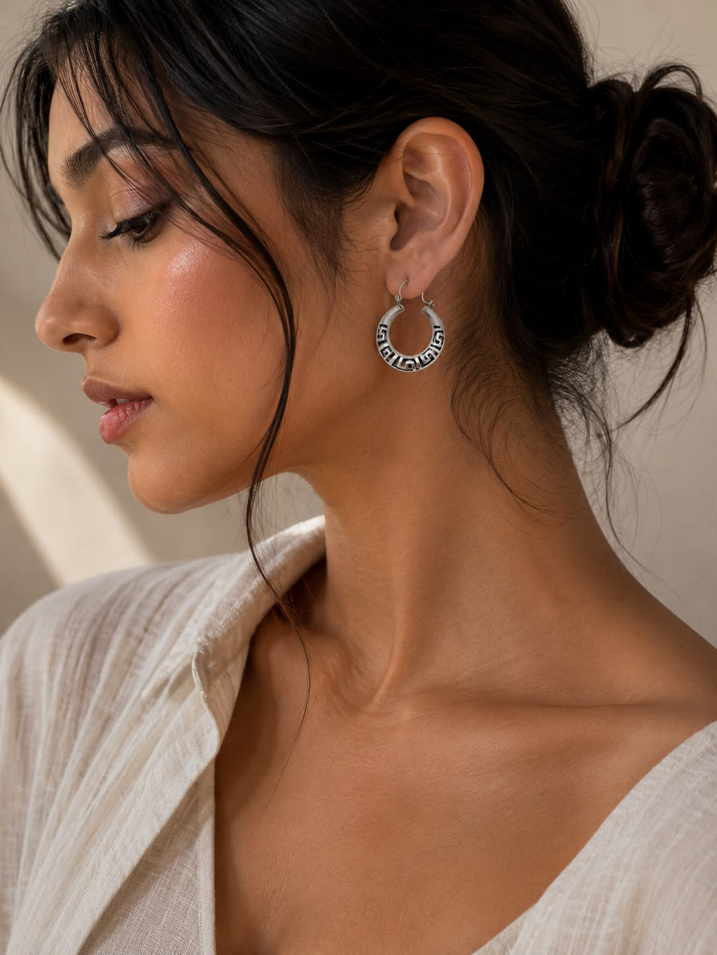 Greek Key Hoop Earrings – 925 Sterling Silver Statement
