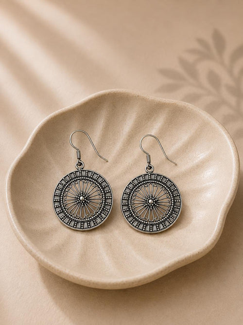 Antique Mandala Disc Drop Earrings – 925 Sterling Silver Elegance