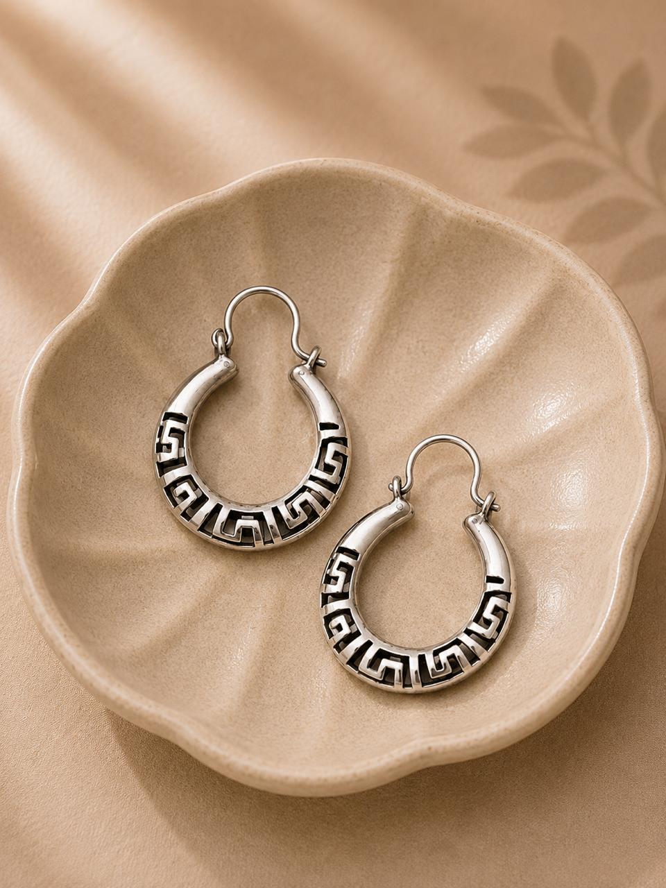 Greek Key Hoop Earrings – 925 Sterling Silver Statement